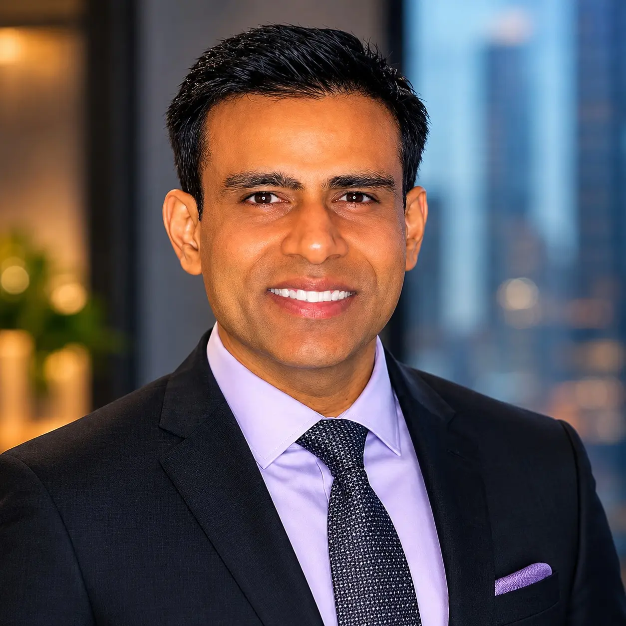 Jay Reshamwala, the founder of Rodor Intelligence, in a dark suit, a lilac shirt and a patterned tie, smiling, with a city view behind him.