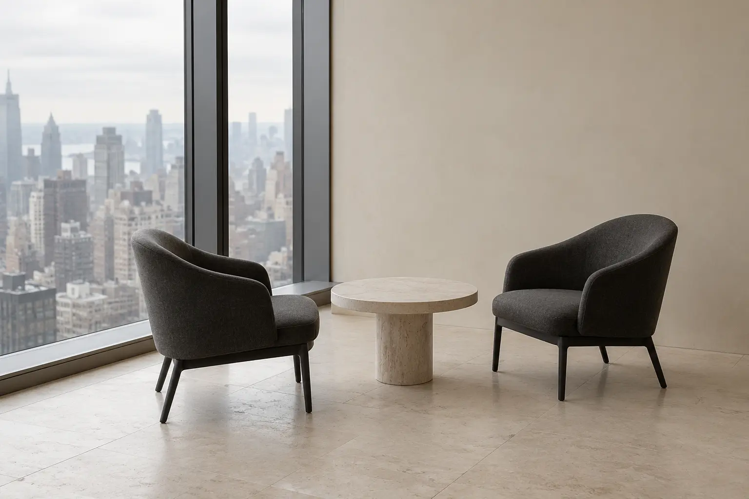 Two armchairs face each other across a small round stone table in a quiet room above Midtown Manhattan.